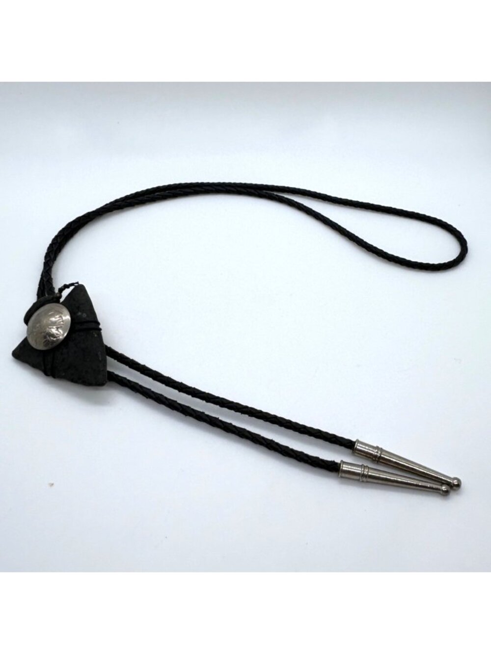 Western Cowboy Bolo Tie Black Ceramic Arrowhead Pottery Silver Tone Coin Vintage